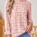 SOFIA'S CHOICE Women's Lace 3/4 Sleeve Shirts Crochet Eyelet Crew Neck Dressy Blouse Sheer Top (Pink, XL)