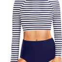 Pinup Fashion Long Sleeve Rash Guard - 2 Piece Swimsuit Bathing Suits with Bottom Swim Top UV UPF 50+ (Small, Blue Stripe)