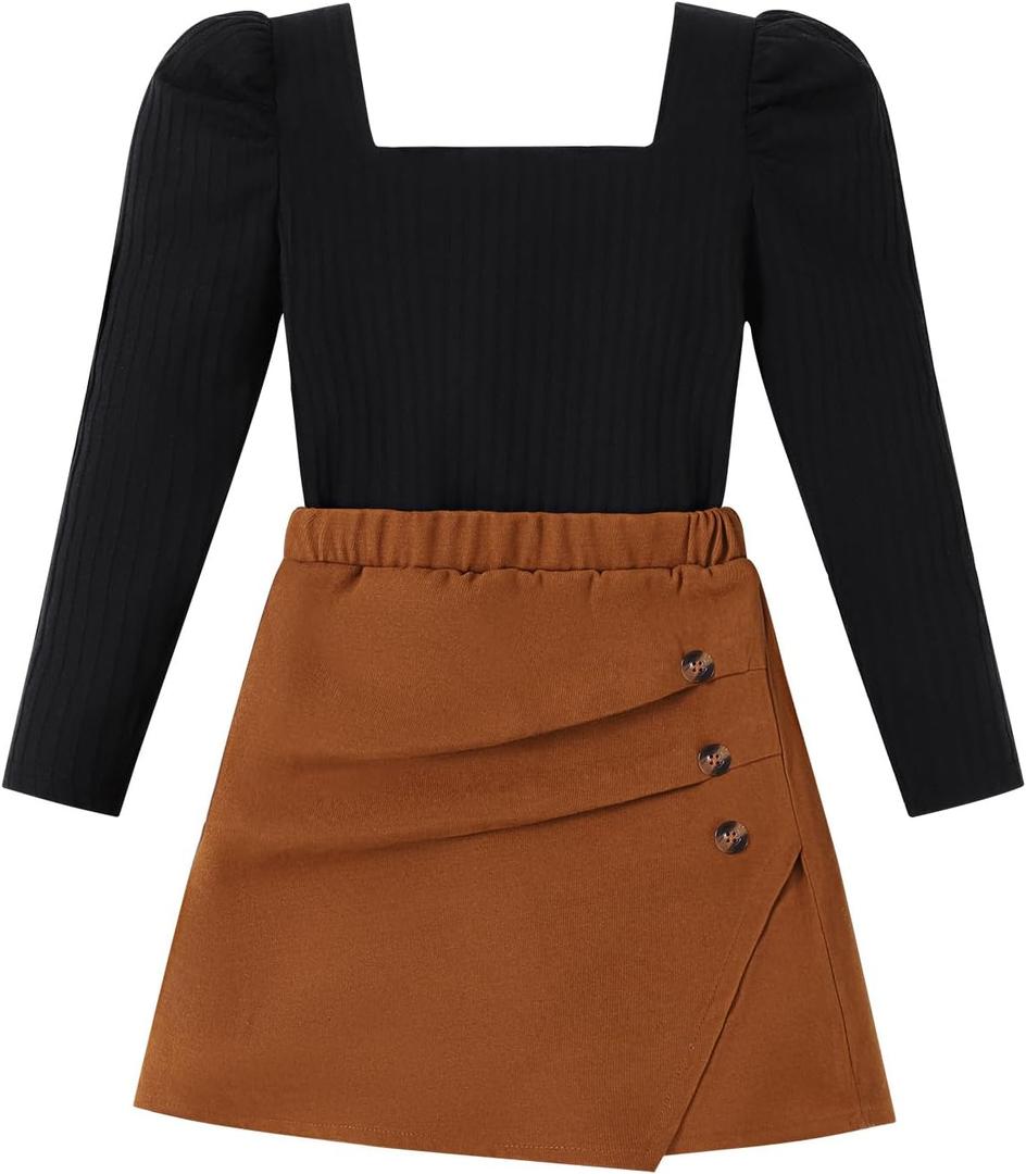 Girls Plaid Skirt Set A-Line Skort 2PCS Outfit Casual Square Neck Knit Puff Sleeve Shirt Top Fall Winter Clothes 7-14Y (9-10 Years, Brown)