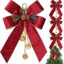 Yinkin Christmas Tree Wreath Bow Christmas Ribbon Bows with Bells 11 x 7.8 in Velvet Pine Cone Bowknot Xmas Tree Hanging Ornaments Decor for Home Xmas Party Outdoor Indoor(Burgundy,4 Pcs)