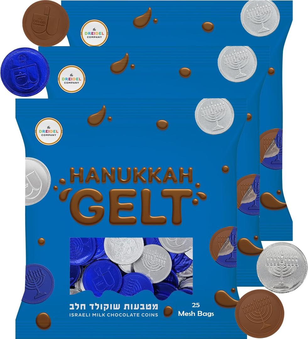 The Dreidel Company Blue & Silver Hanukkah Milk Chocolate Gelt, 25 Coins per Bag, 3 Bags, Total of 75 Coins, Hanukkah Design Menorah & Dreidel Design, Non GMO, Kosher Certified OU-D (EXP 11/02/27)