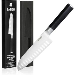 Babish 6.5 Inch Santoku Knife High Carbon 1.4116 German Steel Kitchen Knife Razor Sharp Blade Durable Precision Cutlery for Slicing Dicing Chopping Vegetables Meat and Fish