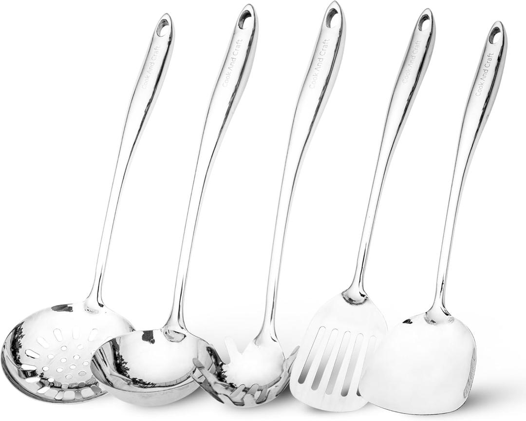 5-Piece Stainless Steel Cooking Utensils Set, Metal Kitchen Utensils, Spatula, Ladle, Slotted Spatula, Spaghetti Server, Skimmer 18/8 Stainless Steel Kitchen Tool Set, Durable & Dishwasher Safe