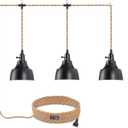 3 Light Plug in Pendant Light Cord 22FT Industrial Farmhouse Hanging Lamp with Twisted Hemp Rope Independent Triple Switch Hanging Light Chandelier for Dining Room Kitchen Black Finish