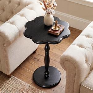 STO'SENSE Black Round Side Table,Drink Table for Small Spaces,Mid-Century Modern Accent Nightstand w/Solid Wood Leg,Sofa Pedestal Table w/Classic Sculpted Design for Living Room,Tool-Free Assembly