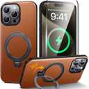 Leather Case for iPhone 15 Pro Max 6.7 inch,360Rotatable Magnetic Ring Stand,Built in Kickstand,for MagSafe, [Wireless Charging] Shockproof Phone Cases,Brown