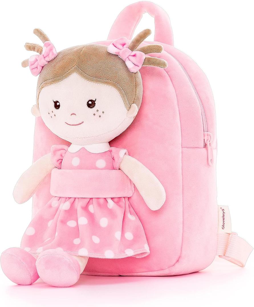 Onetoo Toddler Backpack Kids Backpacks with Soft Light Baby Dolls in Pink Polka Dots Dress 9.5"