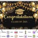Class of 2026 Graduation Backdrop, Black and Gold Congratulations Party Background, Grad Prom Celebration Balloons and Streamers Decorations Banner Photo Booth Props 7X5ft Fabric