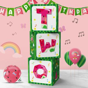 Cartoon Melon 2nd Birthday Balloon Boxes Party Supplies Decorations, 3pcs Watermelon One In A Melon Theme Party Gift Boxes Blocks Decor with TWO Cake Smash Backdrop