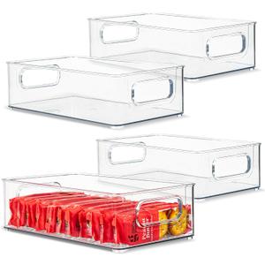 4 Pack Clear Plastic Organizing Container with Integraged Handles for Home Organization for Kitchen, Pantry, Fridge, Freezer, Cabinet,Bathroom, A&C Room, Stackable. 10"x6"x3"