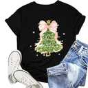 NEWKA Christmas Shirts for Women Christmas Tree T-Shirt Xmas Holiday Bow Tee Tops, Size S