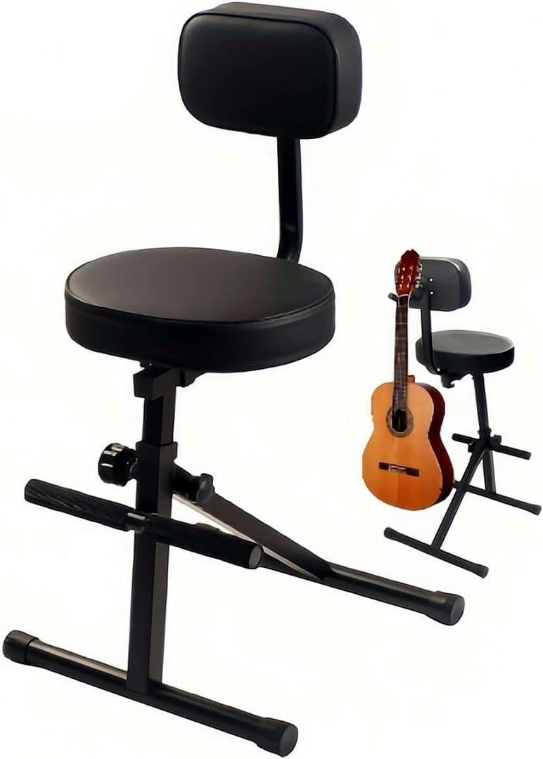 BlissKiss Adjustable Guitar Stool with Back Support - Professional Musician Throne with Instrument Hanger, Foldable Design for Stage & Studio, 33.9"-42.1" Height Range, Black