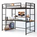 Tatub Twin Loft Bed with Large L Shape Desk and LED Lights, Metal Loft Bed Frame with Ladder, Adjustable Monitor Stand and Storage Shelves, Space-Saving Bed for Teens, Kids, Adults, Black-Brown