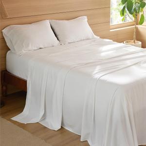 Bedsure Blend of Rayon Derived from Bamboo Linen Sheets, Cooling Sheets for Hot Sleeper, Queen Sheet Set Up to 16 Inches Deep Pockets, Breathable & Soft Bedding for Night Sweats - White (01 - Pure White)