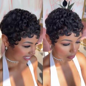 Short Human Hair Wigs for Black Women Put on and Go Glueless Wig Short Curly Wigs Pixie Cut Curly Wigs With Bangs Natural Black Color