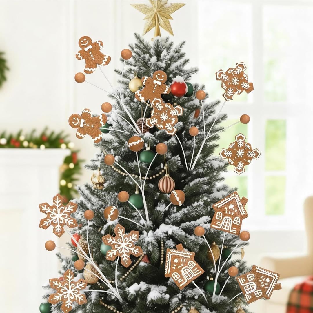 5 Pcs Large Christmas Gingerbread Decoration 17.7' Gingerbread Cookie Tree Picks Snowflake Baking Christmas Decorations Polymer Clay Rustic Branch Pick for Vase Home Xmas Tree Party Table