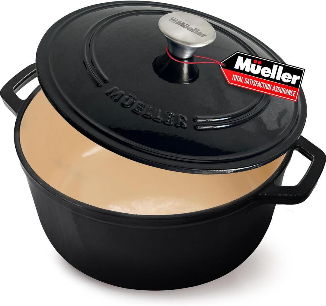 MUELLER HOME 6 Quart Enameled Cast Iron Pot Dutch Oven, Heavy-Duty Oven-Safe up to 500 F, & Across All Cooktops, Casserole Dishes for Ovens, Bread Pan with Lid and Knob, Cast Iron Cookware, Black