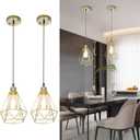 Gold Farmhouse Pendant Light 2 Pack,Cage Pendant Lights Kitchen Island, Hollow Lighting, Adjustable Height Hanging Lights Fixture for Dining Room Living Room Entryway