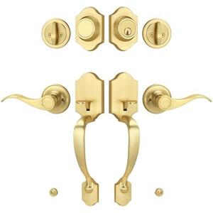 LOQRON Double Front Door Handle Set with Dummy and Deadbolt, Brushed Gold Entry Front Door Lock Set with Gold Classic Half Grip Curved Door Handle for Exterior Doors or Office, Satin Brass