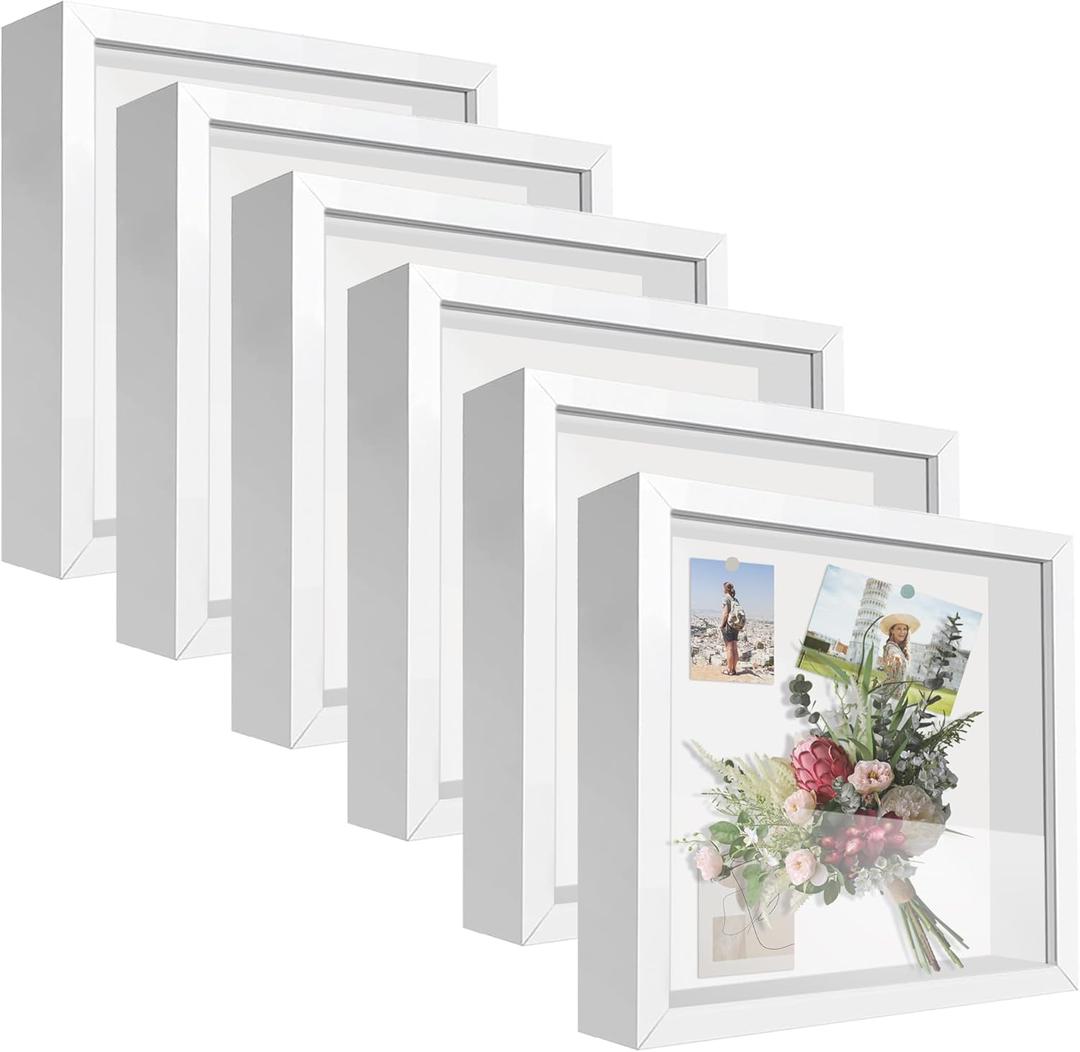 Shadow Box Frame 3D Picture Frame Acrylic Shadow BoxesDisplay Case Box for Memorabilia, Crafts, Tickets and Photos (6pcs-White, 8x8)