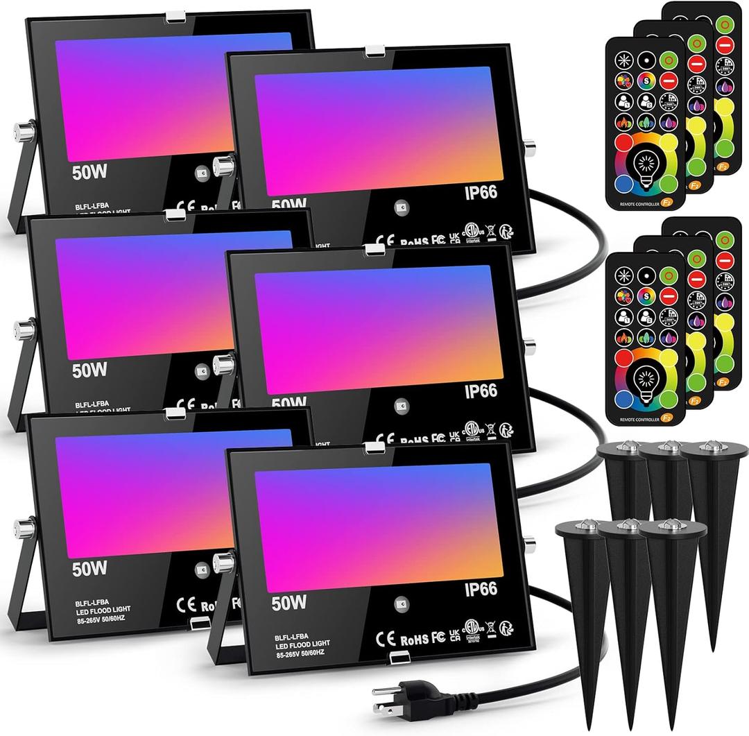 LED Flood Light Outdoor 500W Equivalent Color Changing Landscape Lighting, Timing+120 Colors Strobe+2700K Warm White+DIY Flash,IP66 Waterproof Up Stage RGB Led Light Indoor US 3Plug 6Pack with Stake