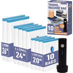 Travel Vacuum Storage Bags with Rechargeable USB Air Pump, Space Saver Vacuum Seal Bags for Luggage, Sealer Compression for Clothes, Comforters, Blankets, Bedding, 10 Combo, 10 Combo with Electric Pump