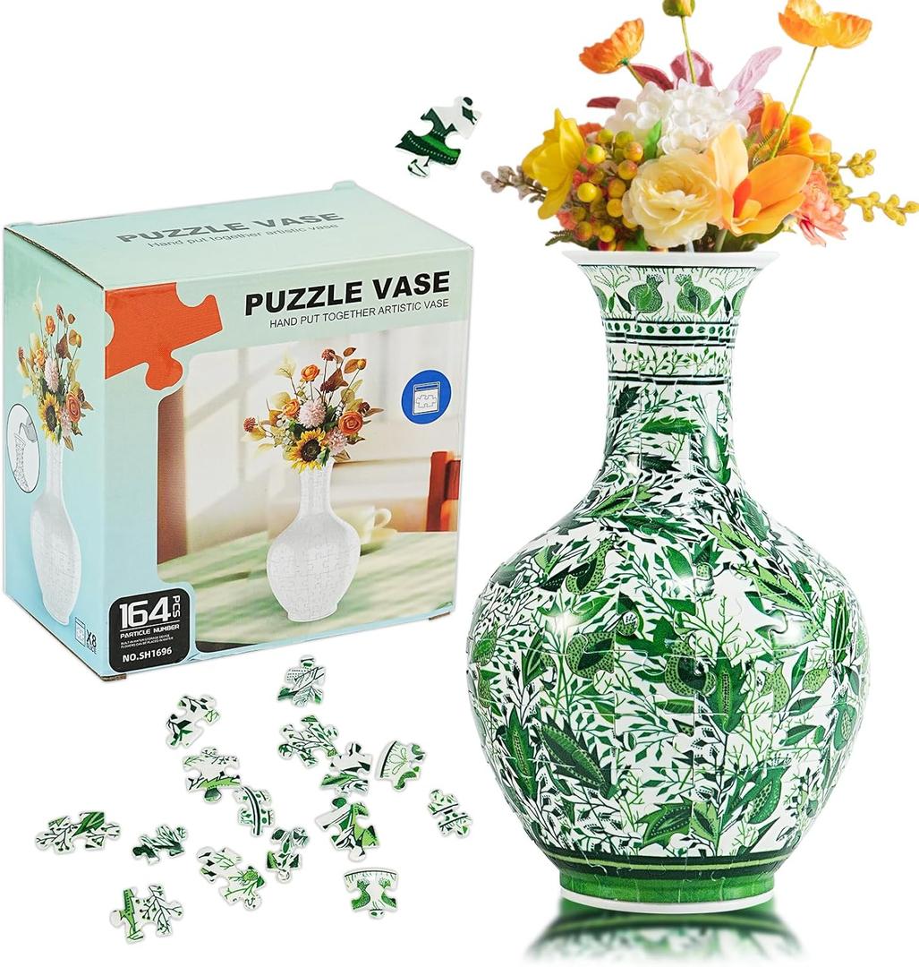 164 Pcs Vase Puzzle, Adult 3D Plastic Jigsaw Vase Puzzle, Gift for Adults, for Home Decoration and Flower Arrangement (Green Leaf)