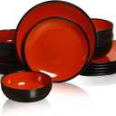 TP 18-Piece Dinnerware Set, Melamine Dishes Set with Bowls and Plates, Service for 6, Non-breakable Lightweight Dining Tableware, Black and Red