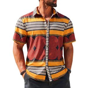 Runcati Mens Short Sleeve Shirts Button Down African Traditional Pattern Dashiki Shirt Casual Vintage Floral Hippie Tops (3X-Large, Yellow)