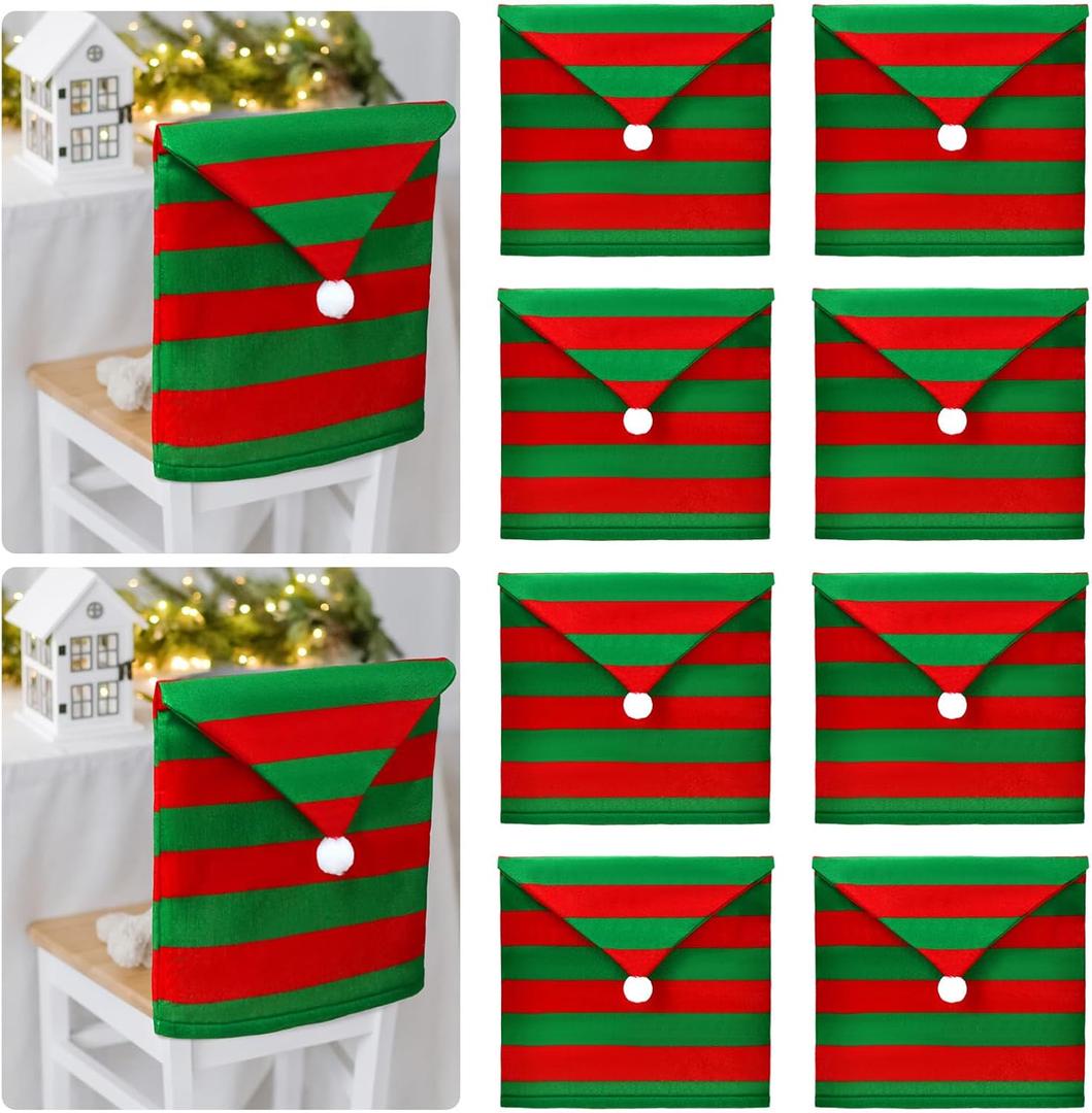Newwiee 8 Pcs Christmas Chair Back Covers Set Santa Hat Chair Covers Set Christmas Green Red Slipcovers Xmas Back Cover for Home, Kitchen, Dining Room Decor, 23.6 x 19.6 Inch