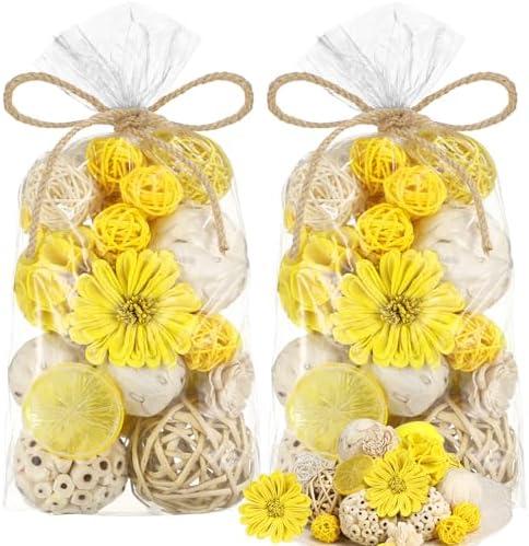 Riceshoot 2 Pack Decorative Balls Potpourri Bowl Filler Decor Natural Vase Bowl Filler Assorted Spherical Rattan Twigs Wicker Balls Cotton for Home Centerpiece(Lemon Yellow)