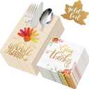 Thanksgiving Napkins - 54 Pack Gold Foil Napkins Paper (36 Pcs) with Cutlery Holders (18 Pcs) - Give Thanks Table Decorations for Autumn Fall Harvest Wedding Dinner Party Disposable Centerpiece Decor