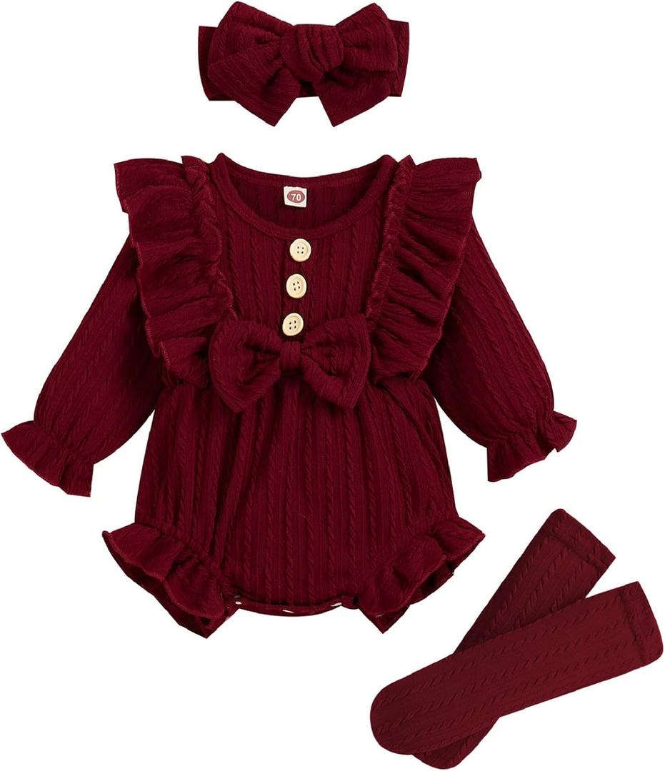 GRNSHTS Newborn Baby Girl Clothes Ruffle Solid Sweater Long Sleeve Romper+Hairband+Socks 3Pcs Fall Winter Outfits (0-3 Months, Wine Red)