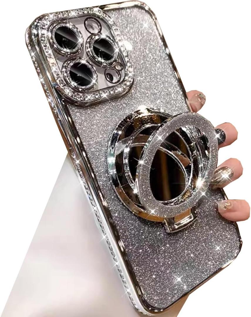Magnetic Kickstand Glitter Case for iPhone 13 Pro Max,[Compatible with Magsafe] Bling Sparkly Rhinestones with Camera Protector & Makeup Mirror Women Girls Case for iPhone 13 Pro Max (Silver)