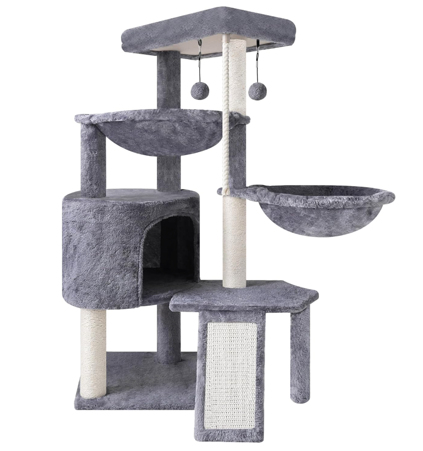 Xin Three Layer Cat Tree with Cat Condo and Two Hammocks,Grey