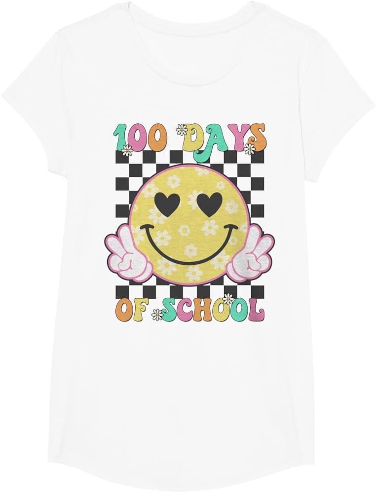 100th Day Of School Groovy Smile Face 100 Days Boy Girl T-Shirt. L Size