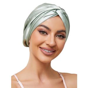 Adjustable Silk Satin Bonnet for Sleeping Hair Wrap, Double Layer Sleep Cap, Night Turban for Large Long Curly Braid Women Men Hair - Matcha Green