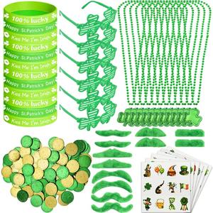 WODMAZ 174 Pcs St. Patrick's Day Party Favors, Green Shamrock Necklaces Sunglasses, Coins Bracelets Temporary Tattoos Mustaches for St Patricks Day Accessories Party Supplies