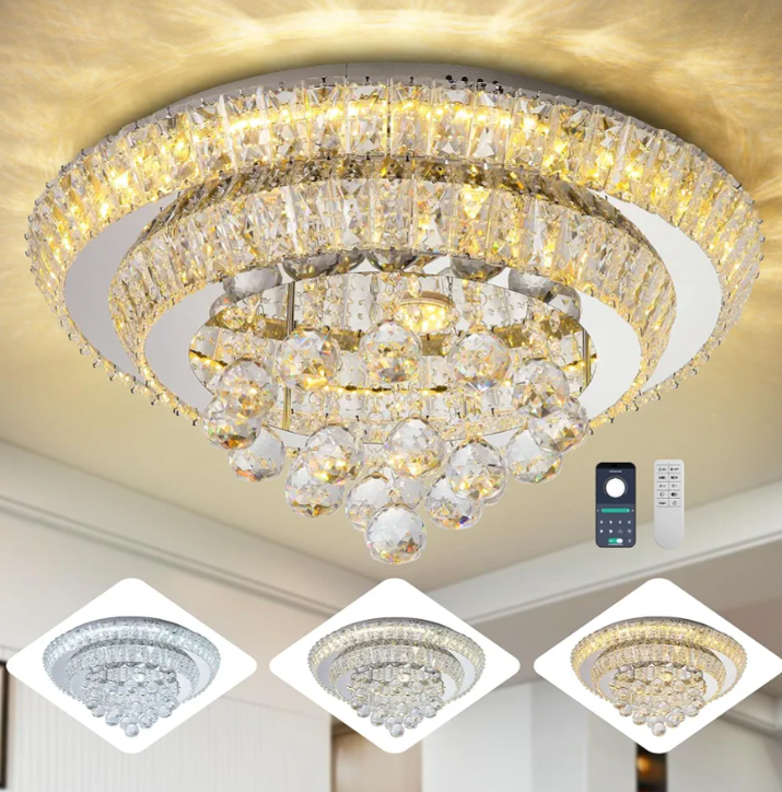 Miuyhji Elegant Crystal Raindrop Ceiling Light Smart Flush Mount Chandelier 3CCT,Timer,Brightness,Dimmable, Smart Remote/APP,Modern LED Ceiling Lamp for Living Kitchen Dining Bedroom Entryway Foyer