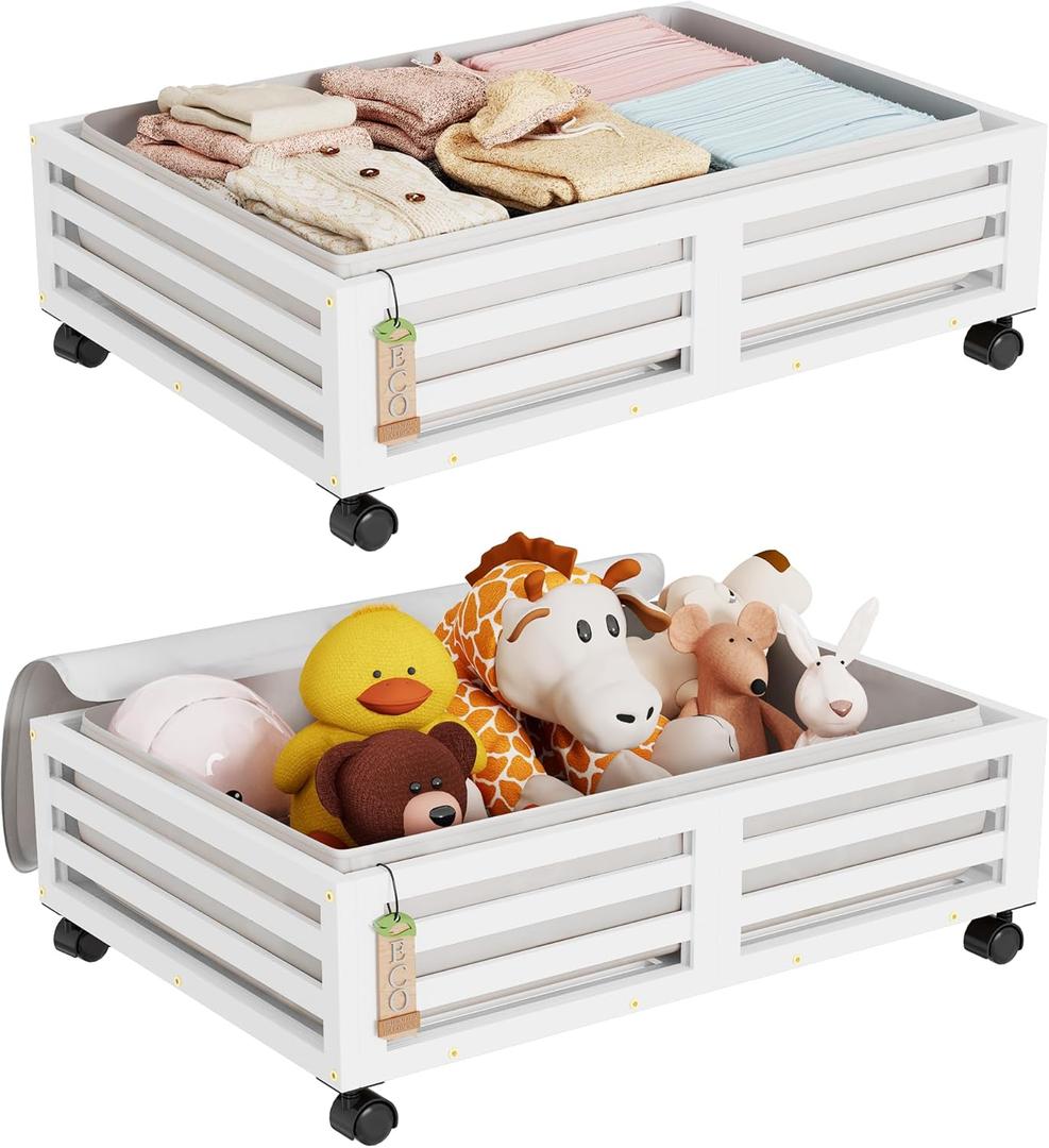 Wisuce Bamboo Under Bed Storage Containers- Underbed Organizer with Wheels with Dust Bag, Sturdy Wood Rolling Under the Bed Shoe Storage Organizer Drawers (White, 2 Pack (23.62"×16.54"))
