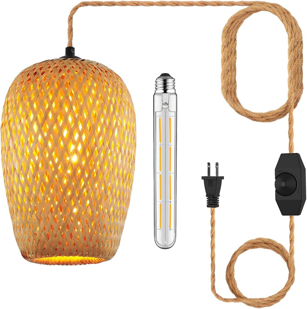 Plug in Pendant Light Handwoven Bamboo Pendant Lamp Boho Modern Wicker Hanging Lights Rustic Country Natural Basket Hanging Lamp for Kitchen Study Bedroom Cafe 1Pack (Shape of vase(Dimmable))