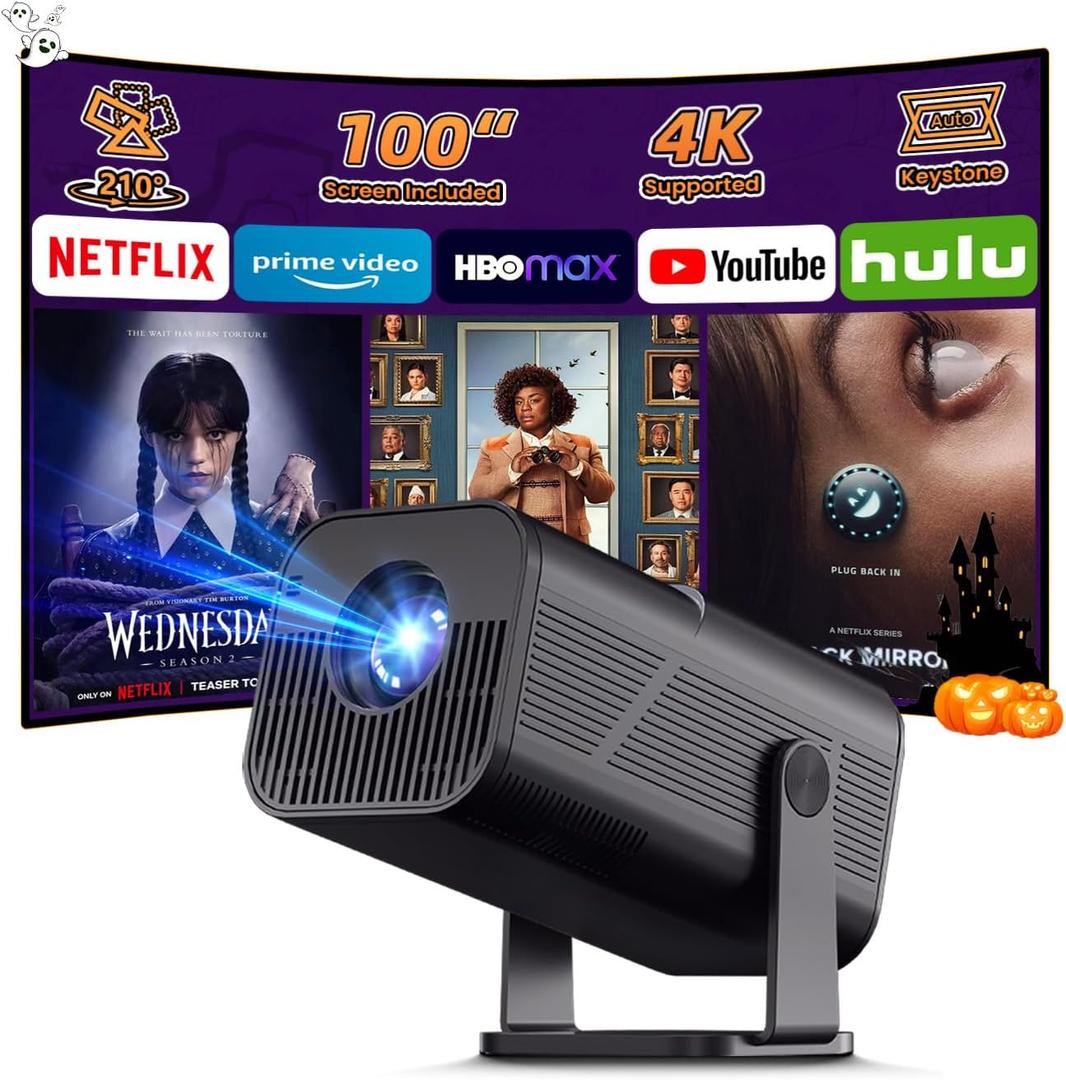 Smart Projector with WiFi and Bluetooth, 4k Support Portable Outdoor Projector, 200 ANSI Lumens, 210° Rotatable Stand, Auto Keystone, Built-in App Movie Proyector for Home & Camping (Black)