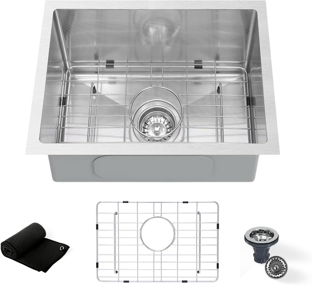 Undermount Kitchen Sink 17 3/4" x 13 3/4" Basin Depth, 3D Embossed Stainless Steel Sink Single Bowl with Accessories