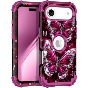 LONTECT for iPhone Air Case 3 in 1 Shockproof Heavy Duty Rugged Hard PC+Soft Silicone Full Body Protective Cover Girls Women Case for Apple iPhone 17 Air 2025, Glow in The Dark Fuchsia Red