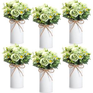 Domensi 6 Sets Wedding Centerpiece for Table Decoration Artificial Fake Rose Flowers with Metal Vase, Faux Silk Rose Bouquet Floral Arrangements for Bridal Shower Home Dining Party (Sage Green)