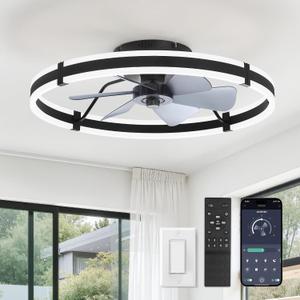ZMISHIBO 24 Inch Ceiling Fans with Lights and Remote, Modern Low Profile Ceiling Fan, 3000-6000K Dimmable Flush Mount LED Fan Light, 6 Wind Speeds, Fandelier Ceiling Fans for Bedroom- Black