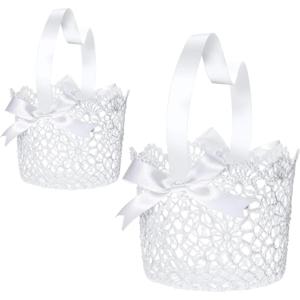 Boao Flower Girl Basket Set of 2 White Wedding Flower Baskets with Satin Bowknot and Handle for Wedding Ceremony Petals Confetti Gift Storage Collection, Hollow Design(6.7 x 4.2 x 4 Inch)