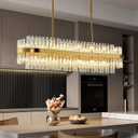 Siljoy 47'' Gold Rectangular Crystal Chandelier for Dining Room, Luxury 2-Tiers Raindrop Chandelier Dimmable Oval Crystal Ceiling Light for Living Room Kitchen Island G9 x 28