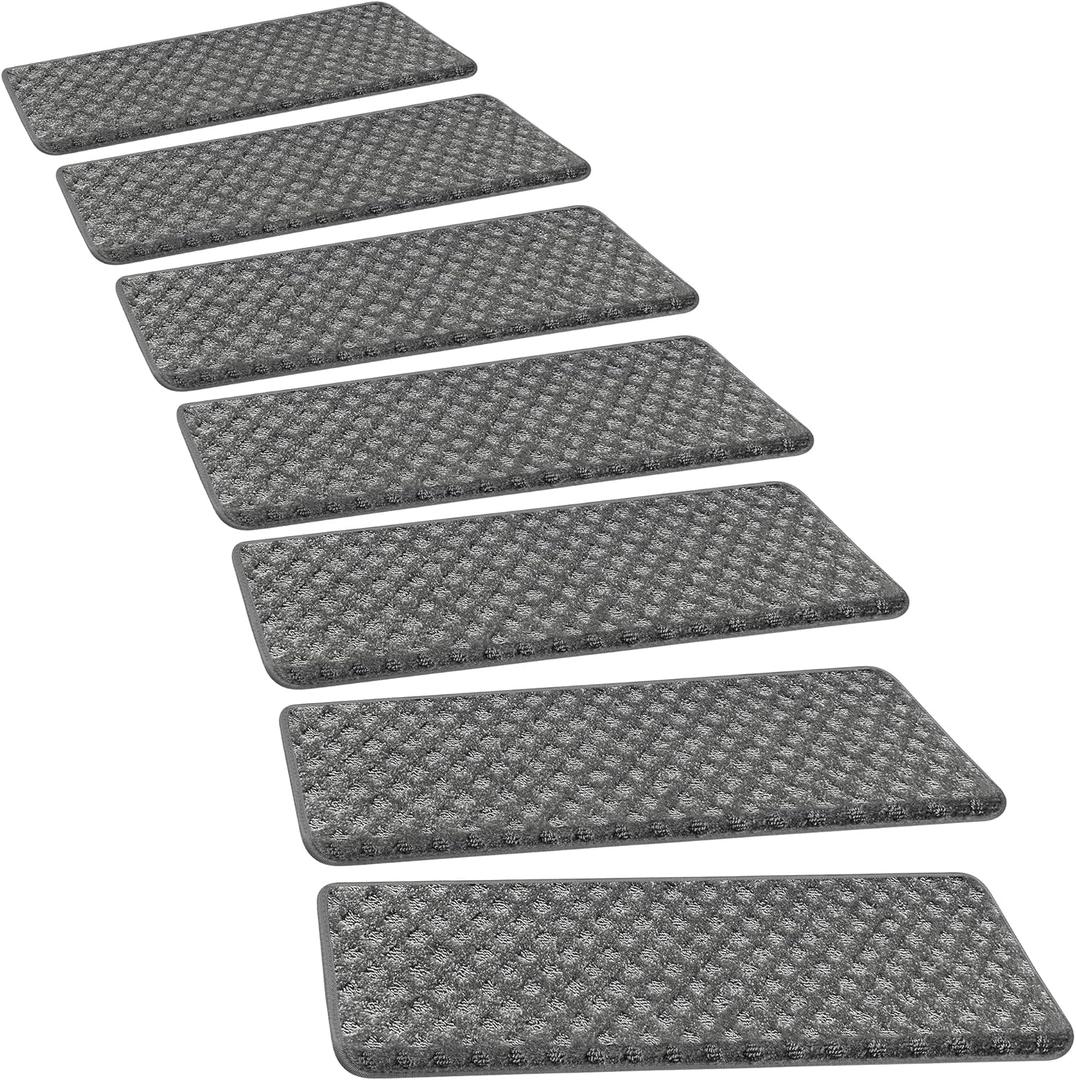 PURE ERA Bullnose Carpet Stair Treads Set Tape Free Non-Slip Indoor Stair Protectors Pet Friendly Rugs9.5" x 30", 14 Pieces, Grey Mini-Diamond Trellis