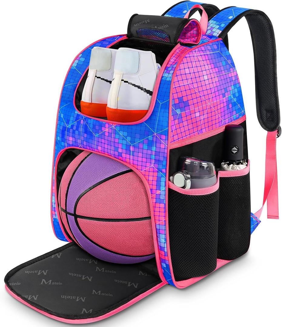 MATEIN Basketball Bag, Sturdy Soccer Bag with Ball Holder & Shoe Compartment, Large Basketball Backpack for Training Equipment, Water Resistant Sports Ball Backpack Fits Volleyball Football, Colorful (Pink)